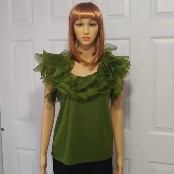 Vintage Blouse 60s Phillips 66 Green Chiffon Clown Ruffle Special Occasion NOS - Picture 9 of 9